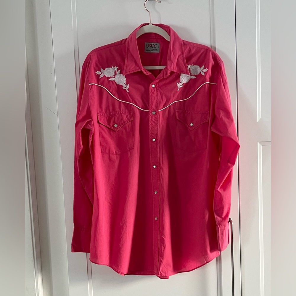 Ely Diamond Cattleman Pink Western Shirt with White Embroidery